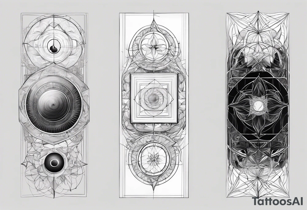 a tattoo for the forearm : a representation of the golden number, general relativity, Bohr’s model, a fractal and a symbol to represent the archangel Gabriel tattoo idea