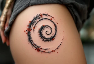 A hand-drawn spiral in charcoal gray, surrounded by faint dots in rusty red. tattoo idea
