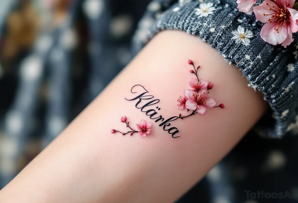 Klárka in delicate script, surrounded by cherry blossom petals in soft pink. tattoo idea