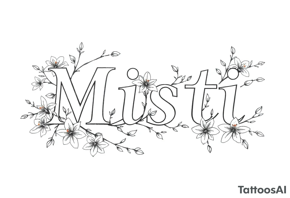 The word Misti surrounded by flowers, lilies. Vine in the letters. tattoo idea