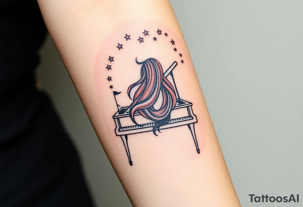 Woman with long wavy brown hair playing a grand piano under the stars swirl tattoo idea