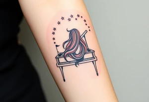 Woman with long wavy brown hair playing a grand piano under the stars swirl tattoo idea