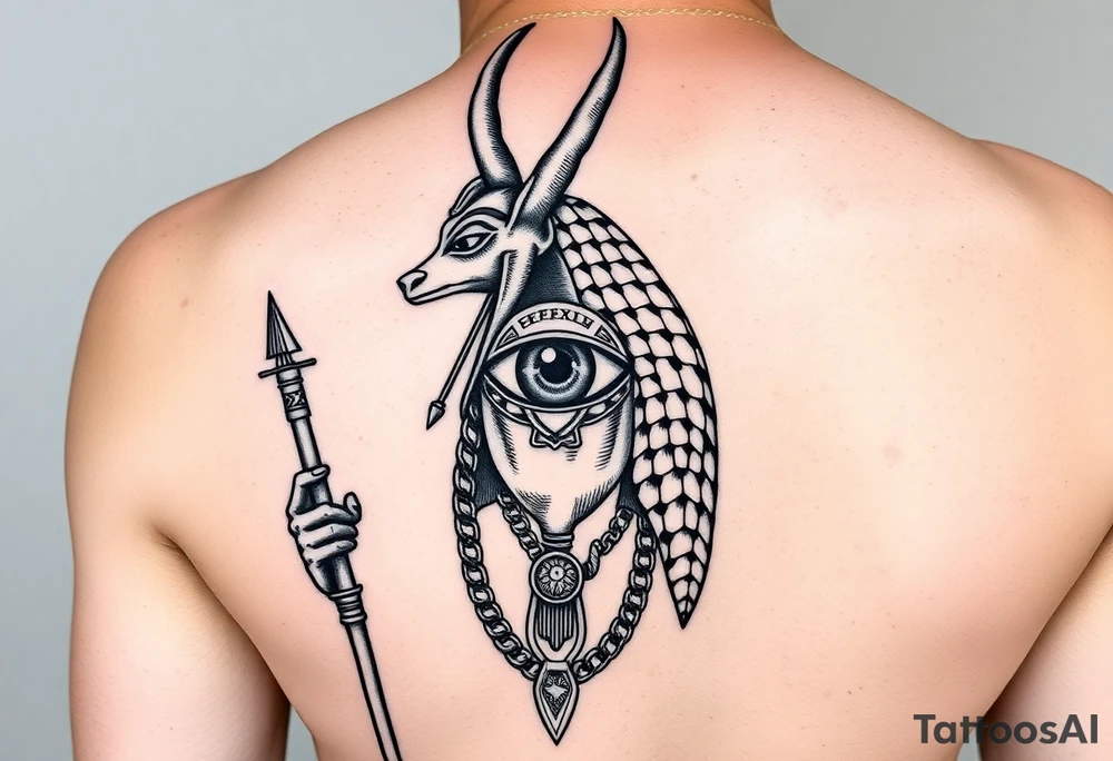 "Anubis as a 1990s L.A. gangster: gold chains, Crip bandana. His staff is a satellite antenna. Floating Eye of Horus is a blockchain audit log.  

Style: Hyper-detailed blackwork. Thigh/calf placement." tattoo idea