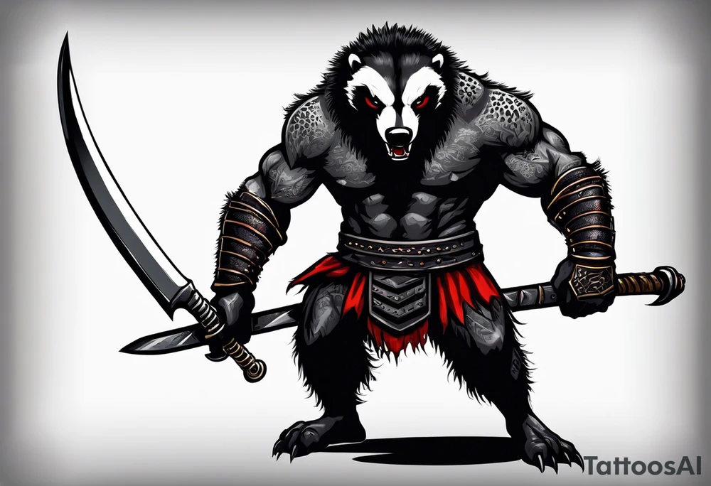 Draw me psychopath Honey Badger/Berserker with aggressive full body, killer face with a scary smile, very long nails and he attacks like a Bloody Assassin/Warrior/Gladiator to us and also, he has very deadly looking. He fights with his nails only. Everybody scares after their first sight. Give me horror type Badger Tattoo. I want to see his Realistic full body with no weapons. You can show destruction at the back. tattoo idea