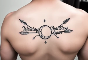 Name tattoo with Wesley Brantley Logan with arrows infinity moon and stars tattoo idea