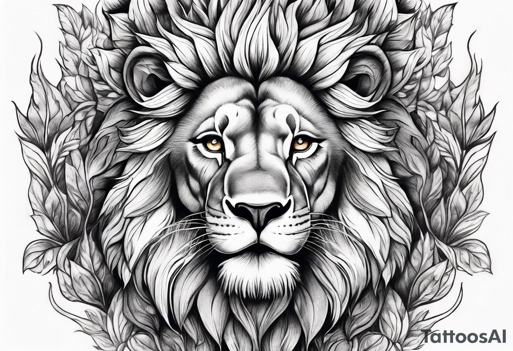 A smiling lion surrounded by fire in full color tattoo idea