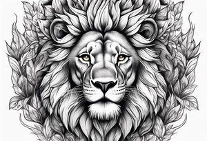 A smiling lion surrounded by fire in full color tattoo idea