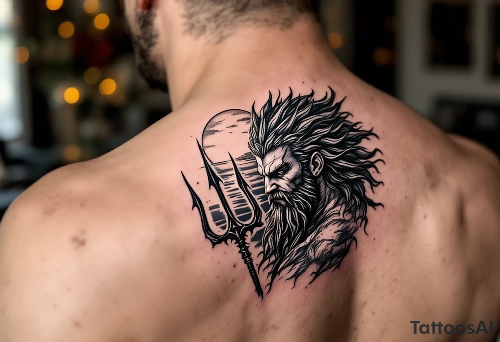 fit poseidon, behind a trident, with sunset tattoo idea