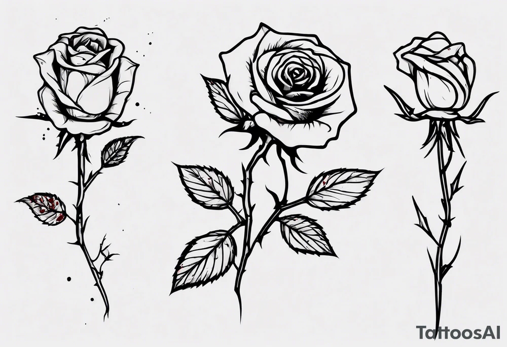 a one-line rose, add some splattered red blood and thorns, small, with stem, very simple, with the name Jesus written in the stem tattoo idea