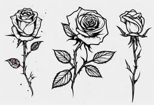a one-line rose, add some splattered red blood and thorns, small, with stem, very simple, with the name Jesus written in the stem tattoo idea