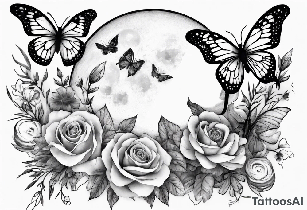 Thigh tattoo with floral and butterflies and moon. Show on thigh tattoo idea