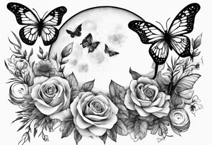 Thigh tattoo with floral and butterflies and moon. Show on thigh tattoo idea