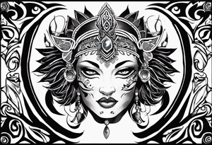 kali ma, alien goddess, valkrye, aries, cosmic pirate, divine feminine, zenza resonance, pachamama, lotus azul, blank panther, eagle, skull, 5D, nueva gaya, dna 12, left side chest tatoo tattoo idea