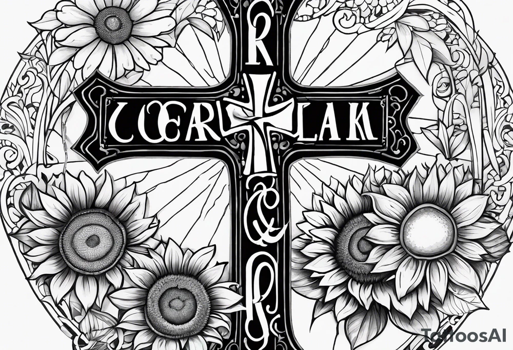 A cross with my family’s names on it names are Peter Lori Kyle and around Peter’s name put a motercycle and a bear around loris name put a sunflower and a heart and around Kyle’s name put a baseball and electricity tattoo idea