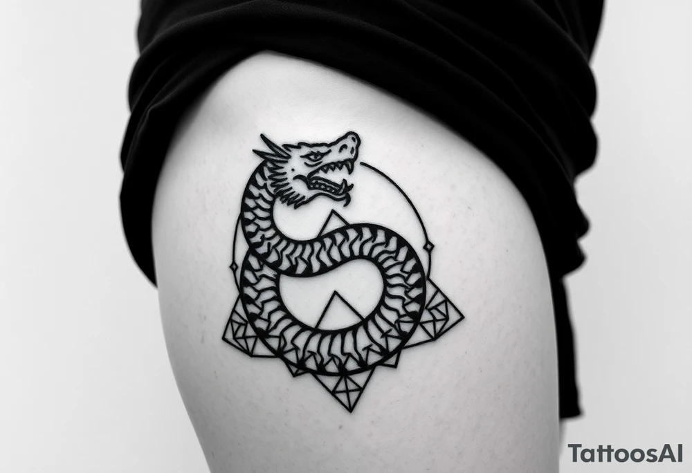 Ouroborous or dragon/serpent/snake eating its own tail in a figure 8 in negative space with geometric patterns on a leg tattoo design tattoo idea