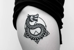 Ouroborous or dragon/serpent/snake eating its own tail in a figure 8 in negative space with geometric patterns on a leg tattoo design tattoo idea