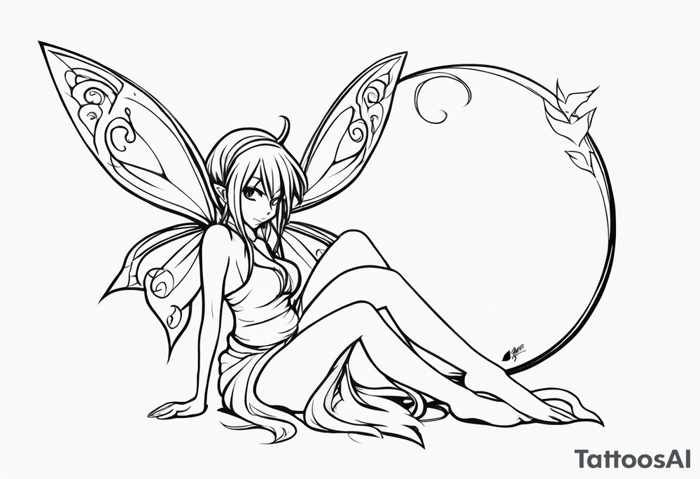 No color sketch of a fairy with a tail inspired by the guild symbol in the anime show called Fairy Tail in a fetal position leaning in and forward while crawled in hugging herself tattoo idea