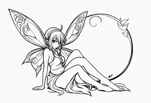 No color sketch of a fairy with a tail inspired by the guild symbol in the anime show called Fairy Tail in a fetal position leaning in and forward while crawled in hugging herself tattoo idea