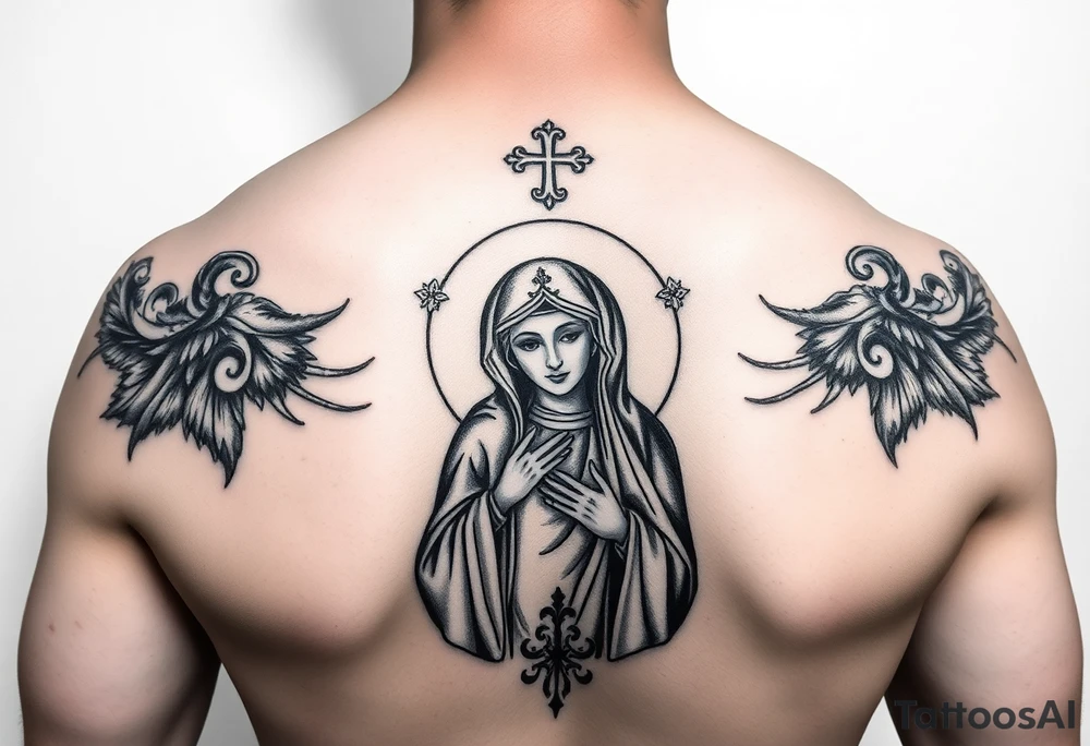 Russian church and orthodox icon realistic with madonna icon of kazan tattoo idea