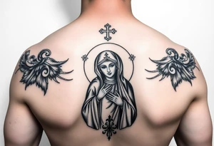 Russian church and orthodox icon realistic with madonna icon of kazan tattoo idea