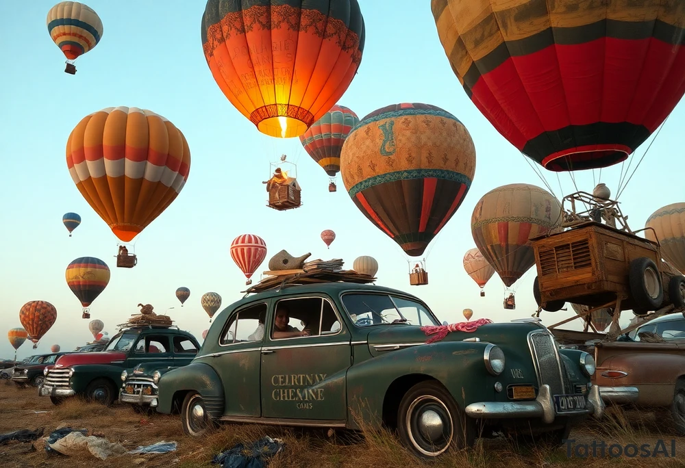 in a very steam punk vibe i want you to make a picture of a bunch of old beat up cars with people lounging in them and garbage and junk all up in and on them, tied to hot air balloons floating in the sky right about dusk and they are as far as the eye can see i want the cars to be floating as if they were the basket to the hot air balloons and the hot air balloons are all different colors and patterns and some are old and patched and i dont want to see the ground at all  i want this to be a scene that is up in the sky with them all floating under the balloons like it is in a dream and every single balloon in the picture is attached to a different old car, and some of the cars you can see people kicked back with thier feet out the window and stuff on the dash of the car, and some with people hanging an arm out hte window some have cigarrette smoke coming out the window, and the balloons all are different but every single car is floating high in the sky and i dont want there to be too many balloons and cars, just a few close together, and the rest ll are smaller and off in the distance 

and it should look like i too am in a car attached to a hot air balloon floating along as well and there should be no ground in sight,... because each one is hiigh in the sky, on a long voyage together i dont want to see the ground from the posistion no ground only sky tattoo idea