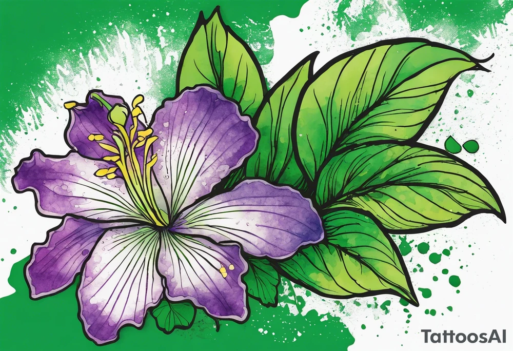 An outline of an only green rio dipladenia flower and a green and purple watercolor splash in the background tattoo idea