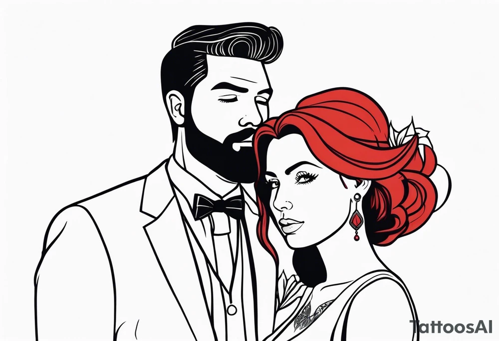 Busty red haired woman with a bearded man who has black hair getting married tattoo idea