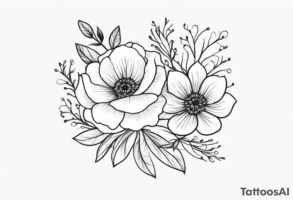 “Illustrate a small, elegant tattoo of a flower bouquet with clean lines and minimal shading, perfect for a feminine touch.” tattoo idea