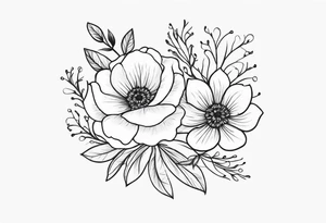 “Illustrate a small, elegant tattoo of a flower bouquet with clean lines and minimal shading, perfect for a feminine touch.” tattoo idea