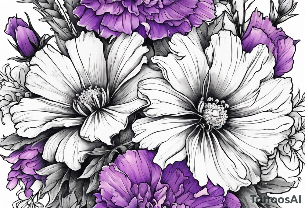 Floral bouquet with a larkspur, carnation, violet and daisy tattoo idea
