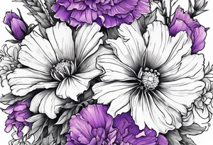 Floral bouquet with a larkspur, carnation, violet and daisy tattoo idea