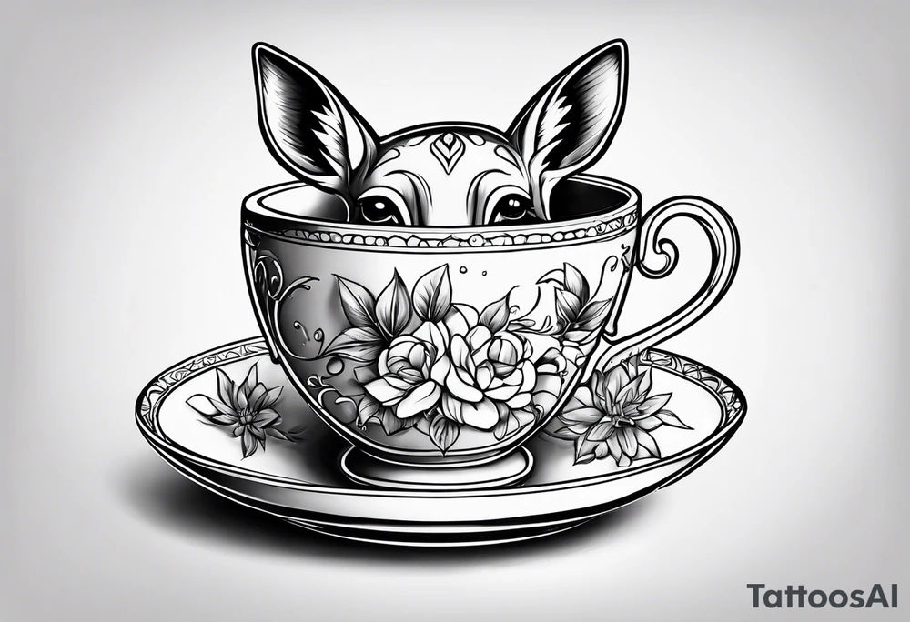 simple line art fawn inside a teacup tattoo idea