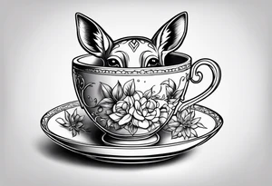 simple line art fawn inside a teacup tattoo idea