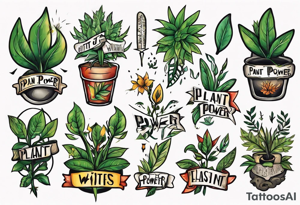 Words “Plant Power” with plants tattoo idea