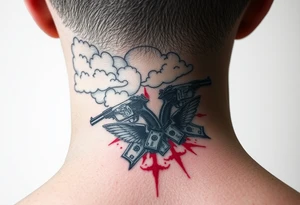 deepfull description of details with clouds,fire guns, money,angels and red tattoo idea