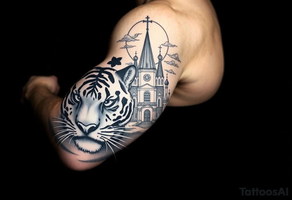 in a dorsal view of the hand and forearm a tiger face on the hand with black hollowed eyes, then above this a orthodox church shrouded with a mist and fading into a virgin mary overlooking tattoo idea