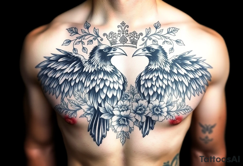 Chest tattoo,powerful majestic ravens with a crown, surrounded by floral ornaments and birds tattoo idea