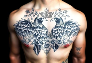 Chest tattoo,powerful majestic ravens with a crown, surrounded by floral ornaments and birds tattoo idea