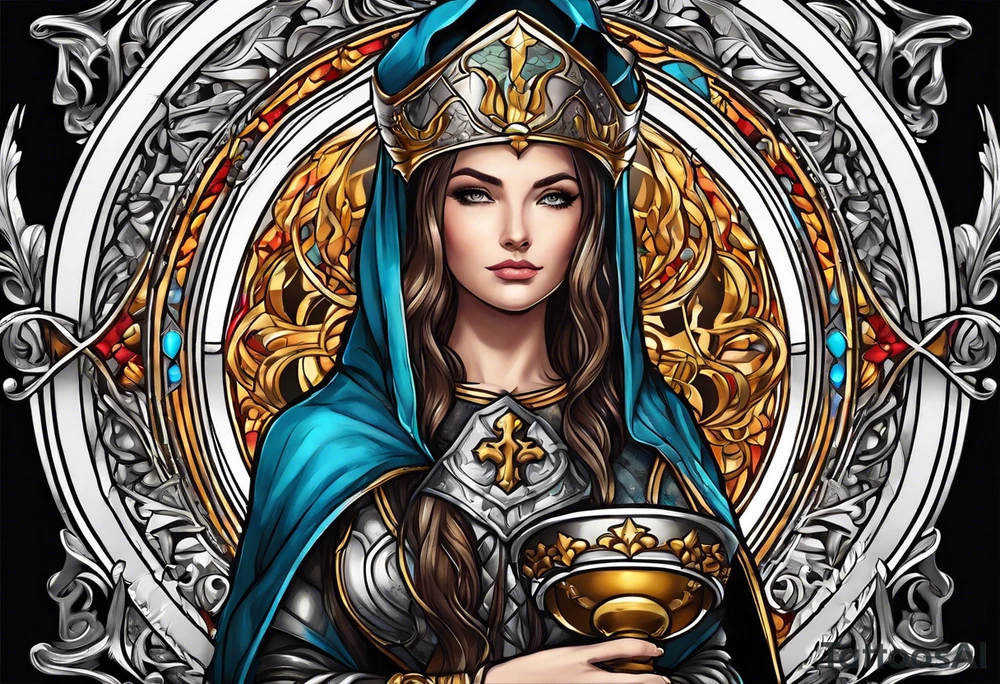 Female saint in armor holding a chalice tattoo idea