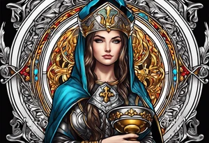Female saint in armor holding a chalice tattoo idea