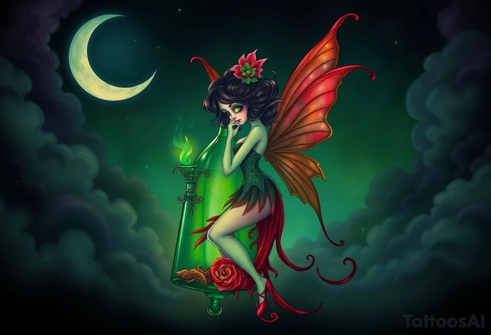 Tim Burton’s kelly doty pin up style Vintage Parisian elegant and hauntingly beautiful yet eerie full body absinthe Green Fairy dances outside her victorian crystal decatur she was once inside this elaborate ornate bottle absinthe bottle Absinthe Art Nouveau   and dripping with muted reds, dusty pinks, and eerie green glow.purple and cyan smokey clouds swirl in the crescent moonlit sky thats sprinkled with stars tattoo idea