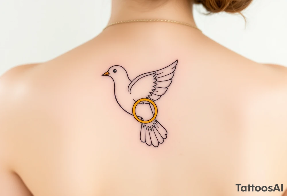 A collared dove with a golden wedding ring clasped in its talons, in a soft golden hue with the dove in pale gray and white, symbolizing commitment and eternal love tattoo idea