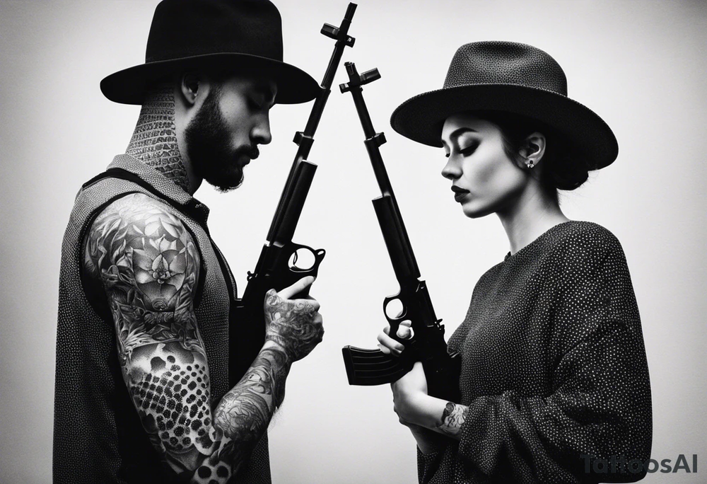 A reflection of two black  siloets of people  holding guns at two siloets dead tattoo idea