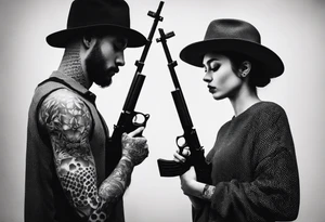 A reflection of two black  siloets of people  holding guns at two siloets dead tattoo idea