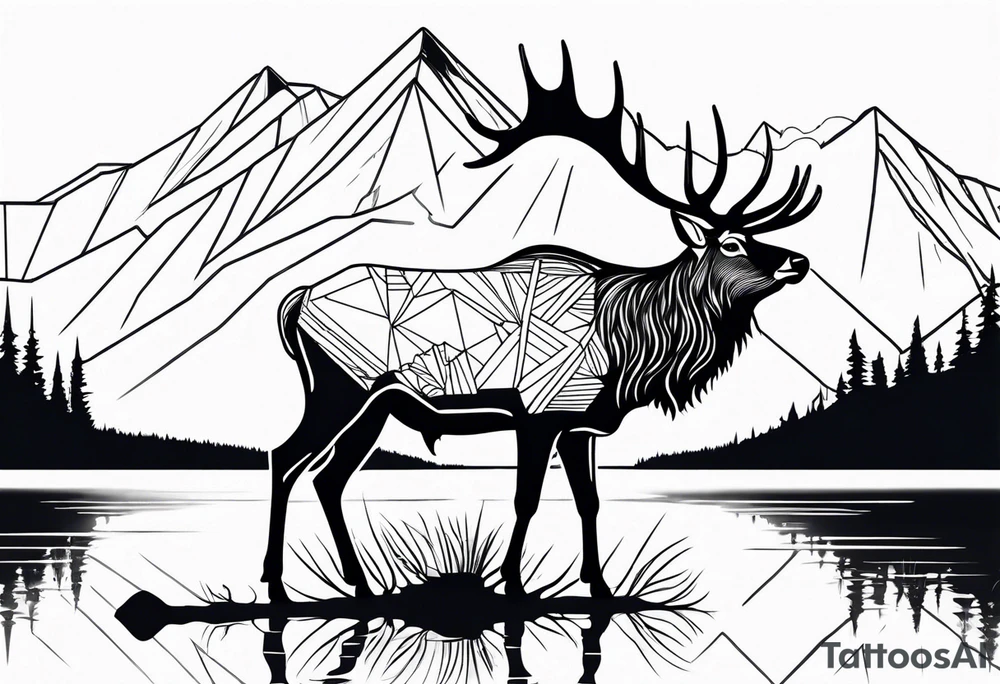 majestic elk near a lake, with mountains in the background tattoo idea