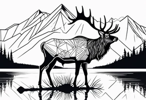 majestic elk near a lake, with mountains in the background tattoo idea