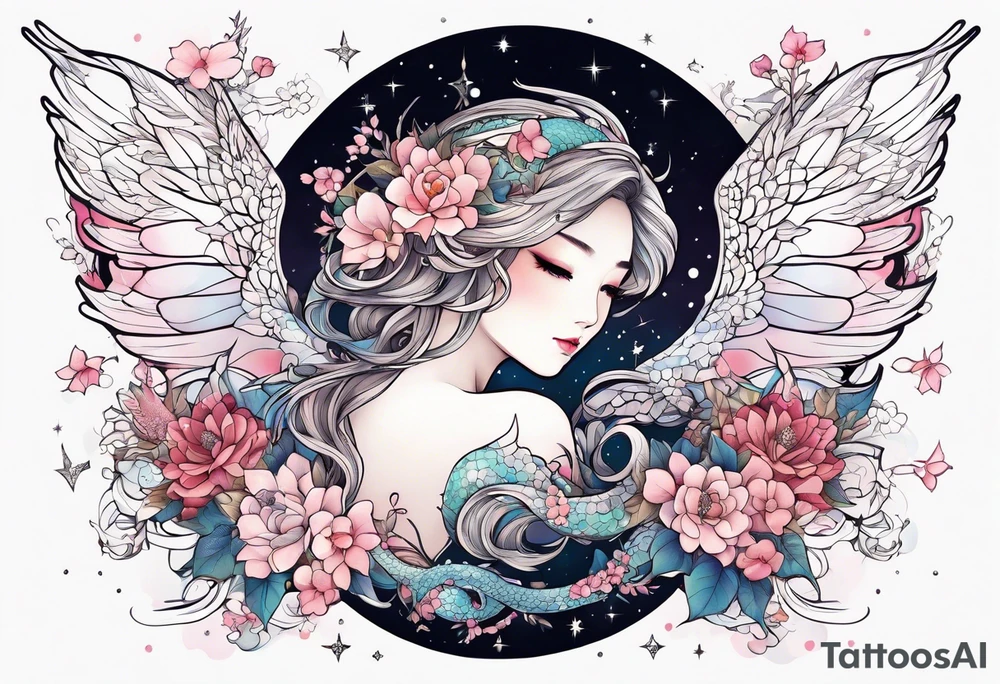 Constellation, wing , snow , cross , dragon female japan kawaii , flower tattoo idea