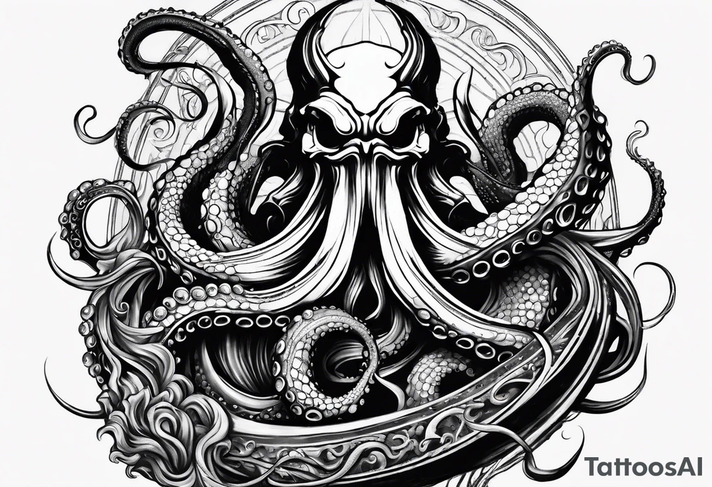 Kraken octopus wrapping tentacles Poseidon thrusting trident stormy sea tattoo idea