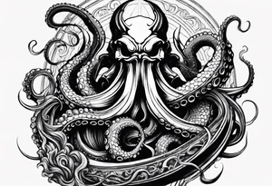 Kraken octopus wrapping tentacles Poseidon thrusting trident stormy sea tattoo idea