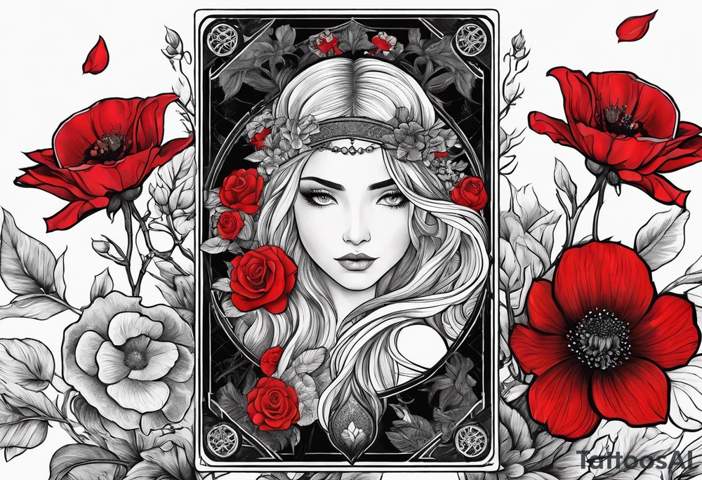 pisces tarot card with black and red flowers tattoo idea